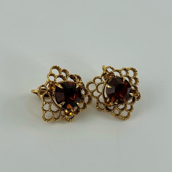 3 for $30 Vintage Brown Synthetic Rhinestone Crystal Clip On Earrings - Picture 3 of 5